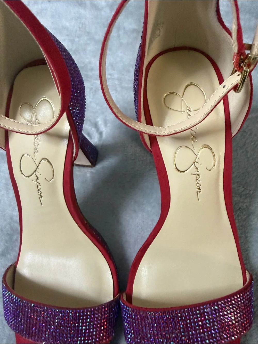 Jessica Simpson Red Suede Ankle-Strap Heels with Crystal Toe Band
